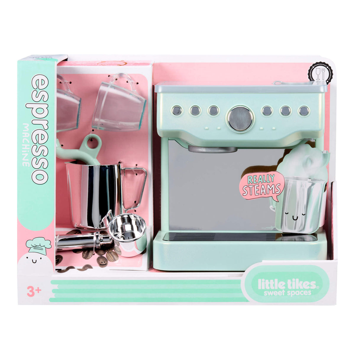 Toy espresso machine set in packaging with 'little tikes' branding on a white background