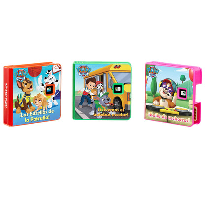Tres libros coloridos con los personajes de Paw Patrol sobre un fondo blanco.