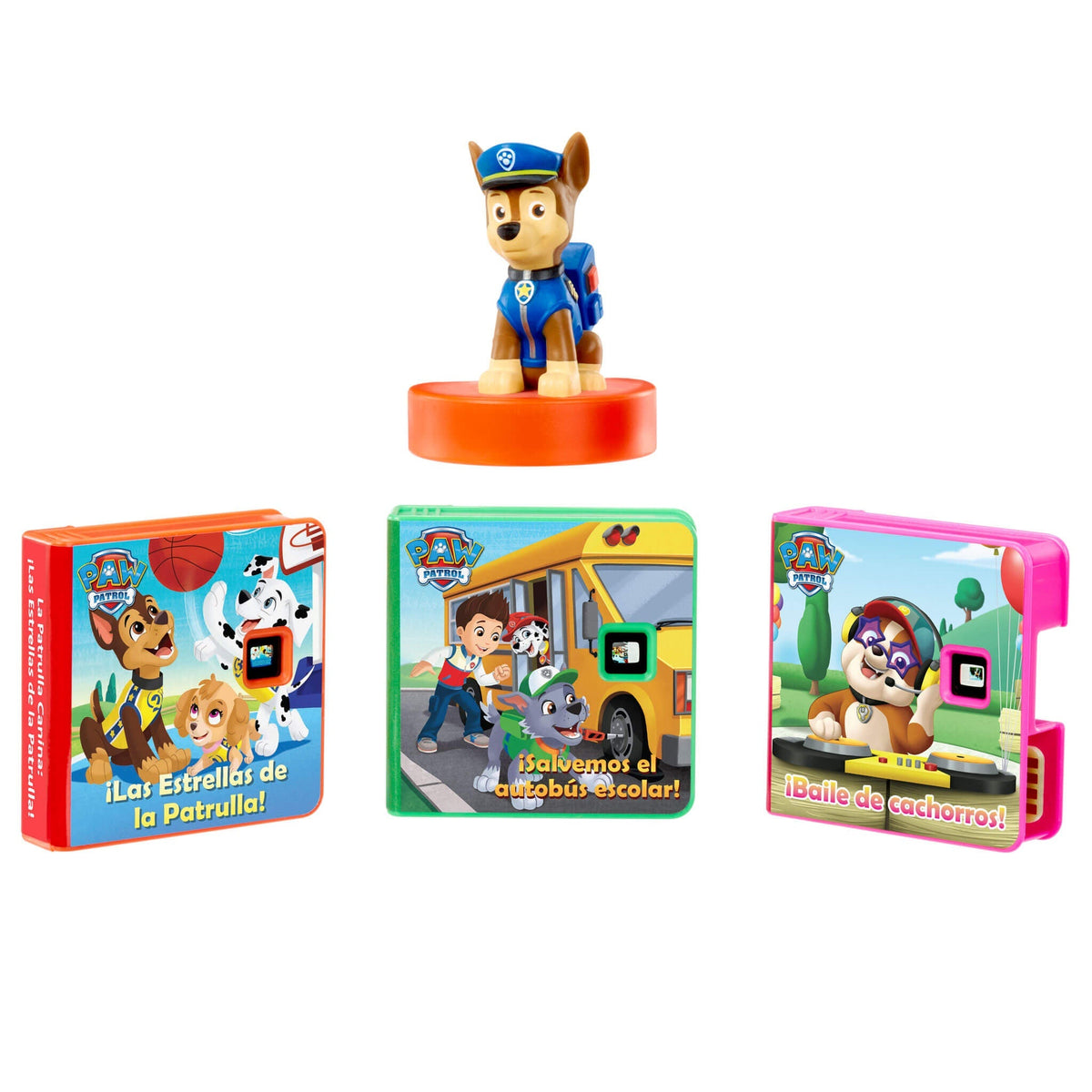 Figura de Chase de la Patrulla Canina con tres libros coloridos que muestran a los personajes de la serie de la Patrulla Canina sobre un fondo blanco.