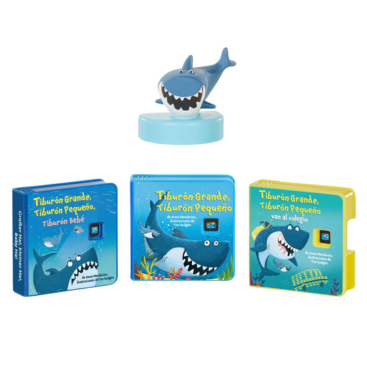 Conjunto de tres libros con una figura de tiburón sobre un fondo blanco.