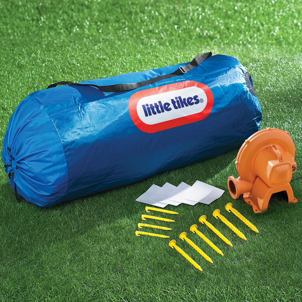 Includes: stakes to anchor bouncer; heavy-duty blower with GFCI plug with stakes; bouncer storage bag and repair ki