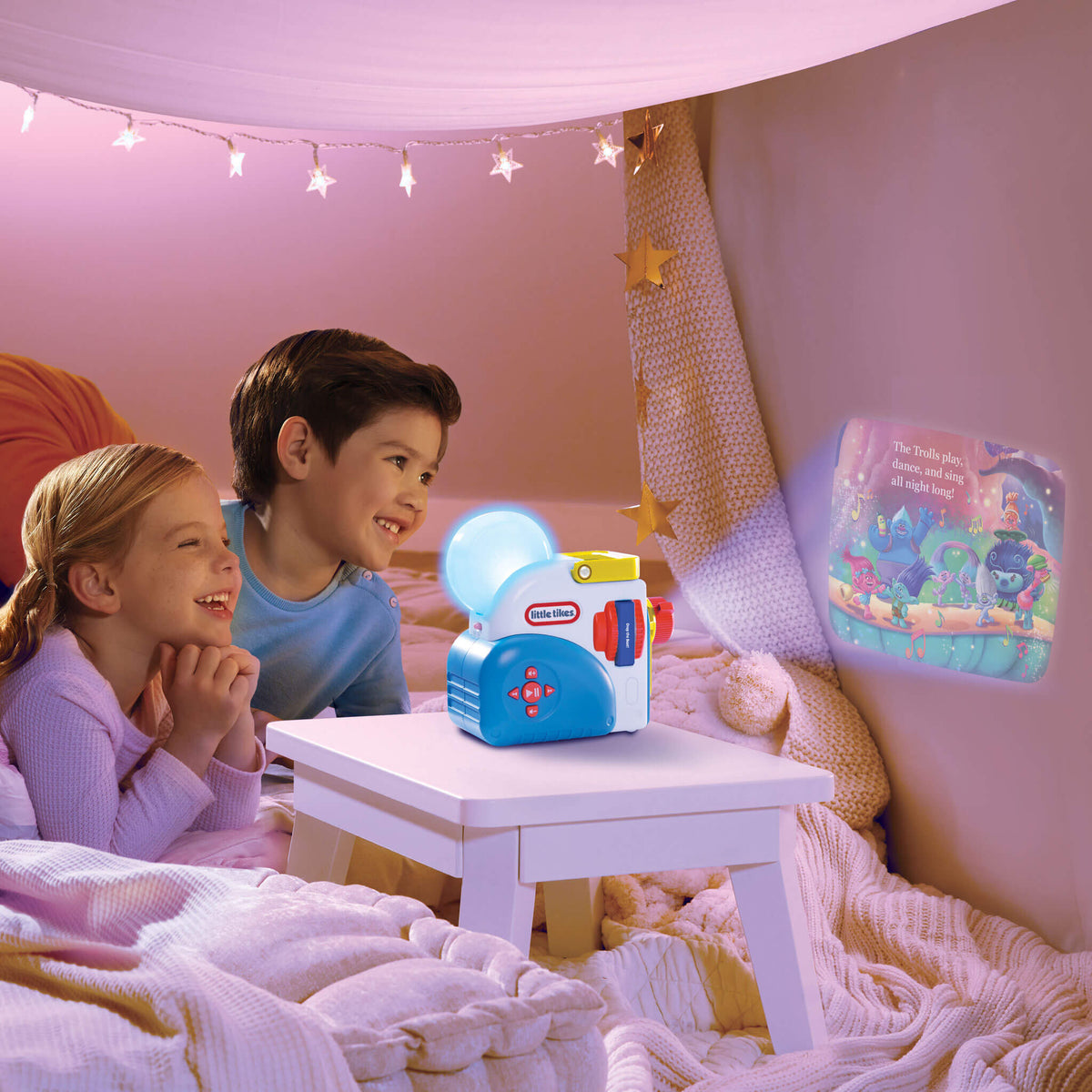 kids watching Troll story on the wall