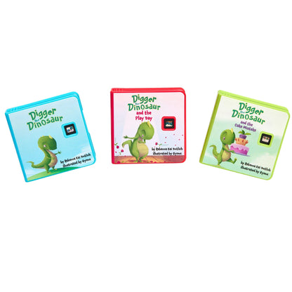 Three children's stories titled 'Digger Dinosaur