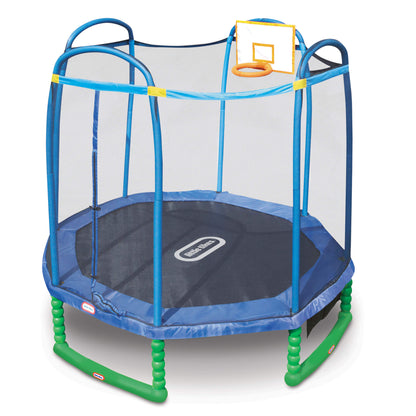 Blue and green trampoline with safety net and basketball hoop on a white background
