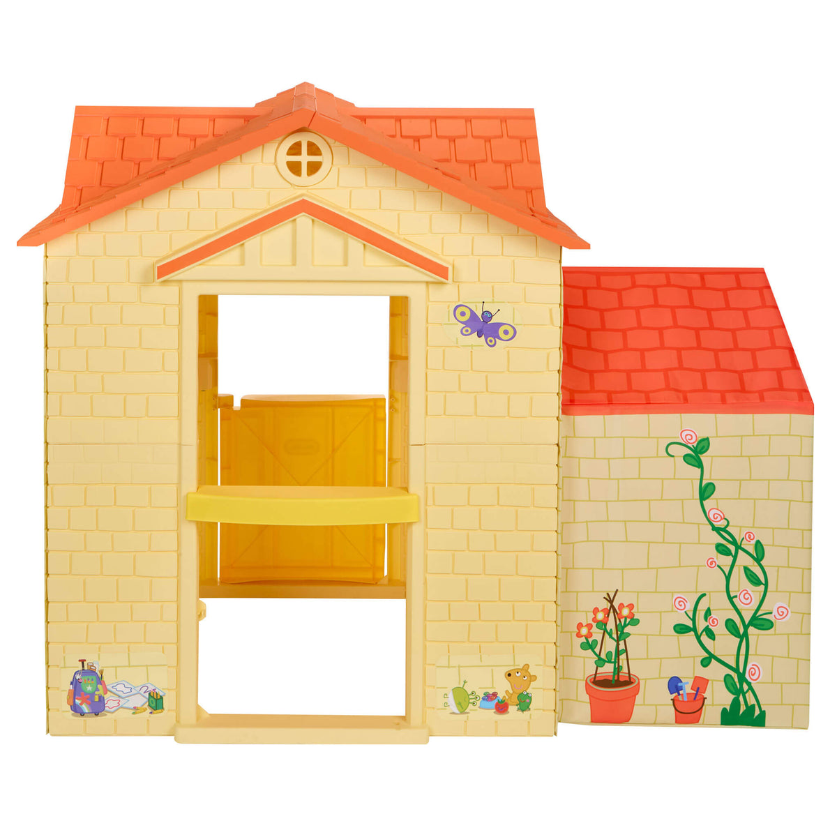 Children's toy house roof and yellow walls on a white background