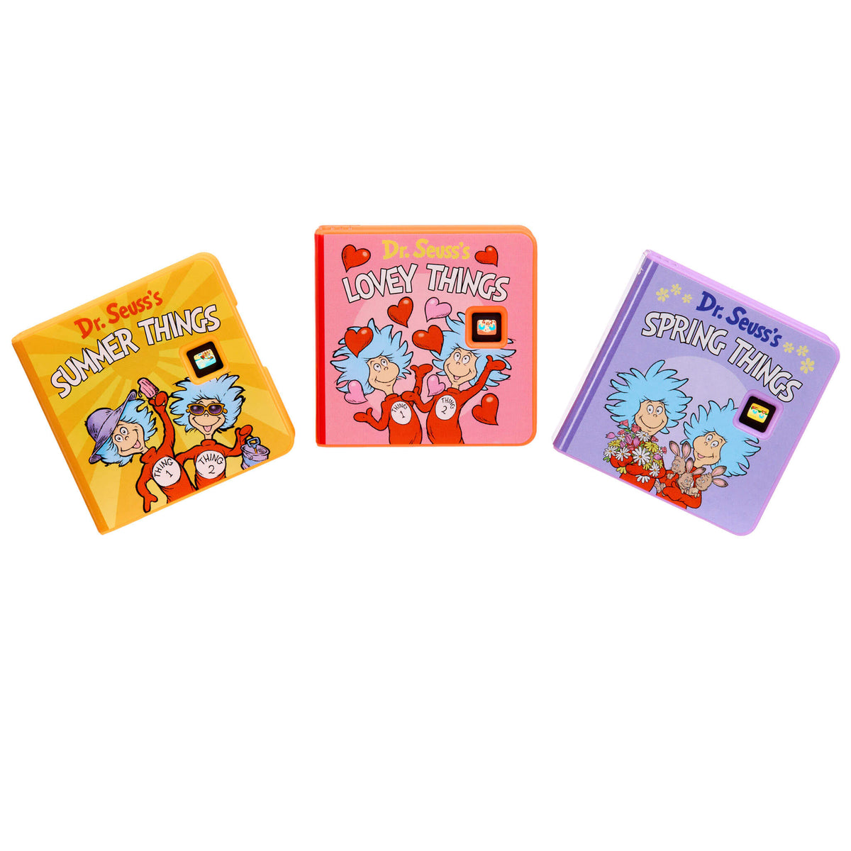 Three small books titled 'Summer Things', 'Lovey Things', and 'Spring Things' by Dr. Seuss on a white background.