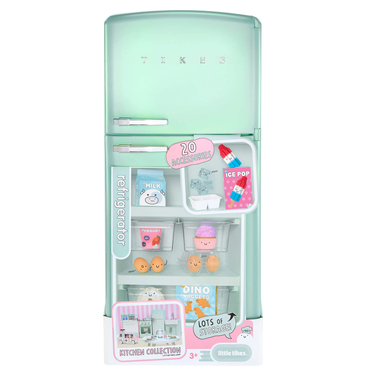 Toy refrigerator with toy food items on a white background