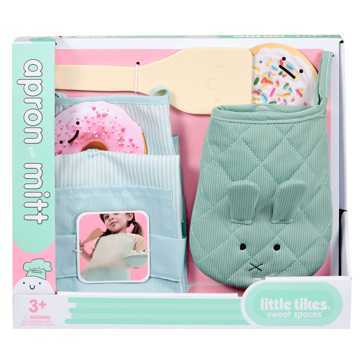 Box of apron and mitt set with cartoon donut design, featuring 'Little Tikes' branding.