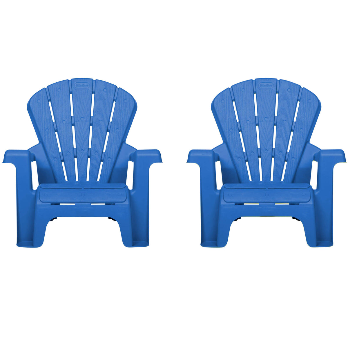 Two blue plastic Adirondack chairs on a white background