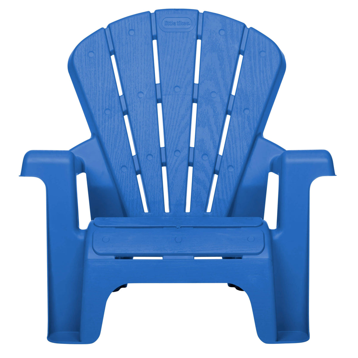 Blue plastic Adirondack chair on a white background