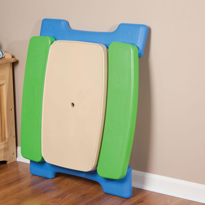 Indoor/outdoor play table unlocks and folds for portability or storage
