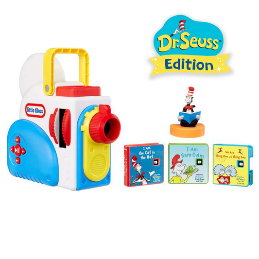 Toy camera with Dr. Seuss books and character on a white background